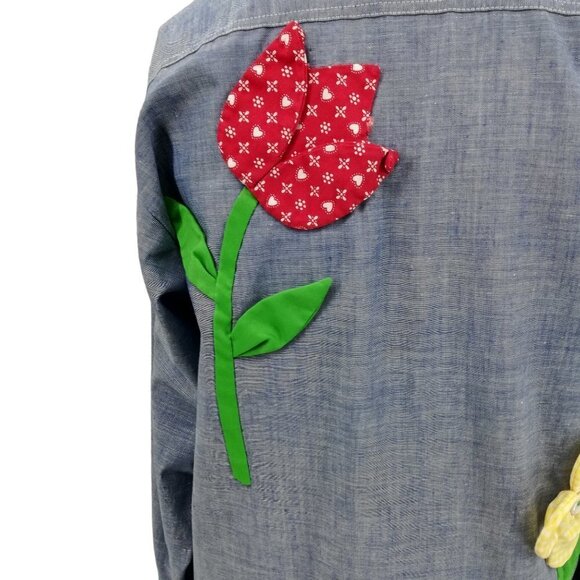 Vintage Applique Flower Chambray Button Front Shirt Size Mens Small Womens M/L - Picture 11 of 15